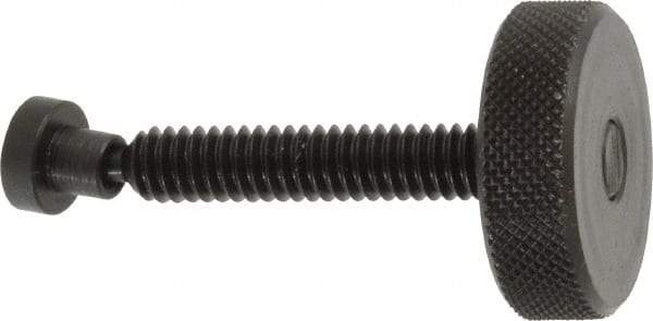 Gibraltar - 1/4-20 Knurled Shoulderless Swivel Pad Tip Grade C-12L14 Steel Thumb Screw - 1.9" OAL, 1" Head Diam x 5/16" Head Height, Black Oxide Finish - USA Tool & Supply
