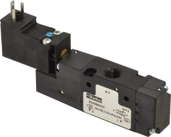 Parker - 1/8", 3-Way Body Ported Stacking Solenoid Valve - 24 VDC, 0.75 CV Rate, Air Return, 2.14" High x 4.2" Long - USA Tool & Supply