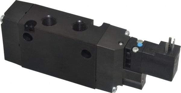 Parker - 1/4", 4-Way Body Ported Stacking Solenoid Valve - 120 VAC, 1.4 CV Rate, Air Return, 2.4" High x 5.78" Long - USA Tool & Supply