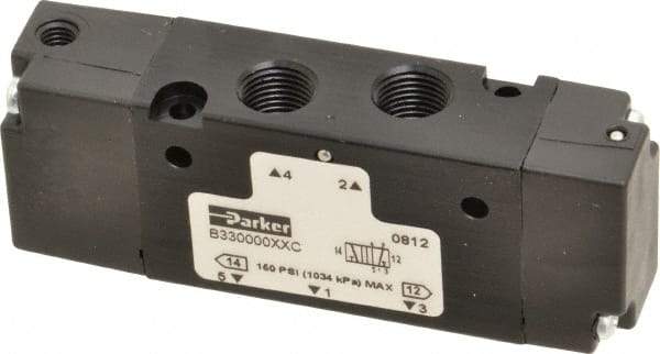 Parker - 1/8", 4-Way Body Ported Stacking Solenoid Valve - 0.75 CV Rate, Air Return, 1.13" High x 2.65" Long - USA Tool & Supply