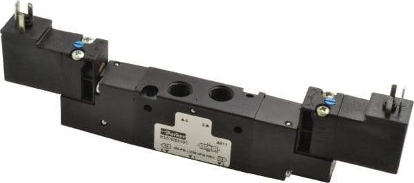 Parker - 1/8", 4-Way Body Ported Stacking Solenoid Valve - 24 VDC, 0.6 CV Rate, 2.14" High x 6.44" Long - USA Tool & Supply