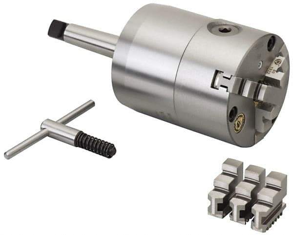 Bison - 3 Jaws, 5" Diam, Self Centering Manual Lathe Chuck - 4MT Mount Spindle, 3,200 Max RPM, 1.77" Through Hole Diam, Cast Iron - USA Tool & Supply