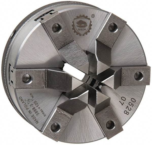 Bison - 6 Jaws, 3" Diam, Self Centering Manual Lathe Chuck - Plain Back Mount Spindle, 1,600 Max RPM, 0.9449" Through Hole Diam, 0.0006" Axial Runout, Forged Steel - USA Tool & Supply