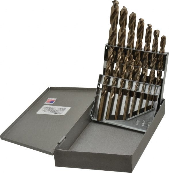 Triumph Twist Drill - 1/16 to 1/2", 135° Point, Gold Finish, Cobalt Jobber Length Drill Bit Set - USA Tool & Supply