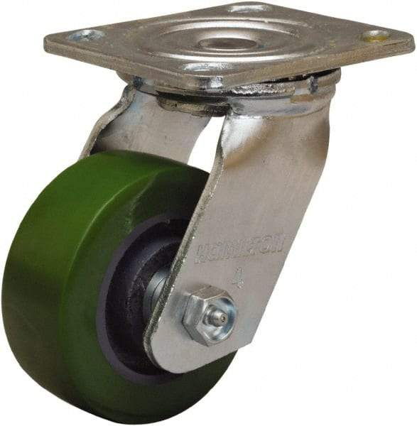 Hamilton - 4" Diam x 1-1/2" Wide x 5-5/8" OAH Top Plate Mount Swivel Caster - Polyurethane Mold onto Cast Iron Center, 550 Lb Capacity, Straight Roller Bearing, 4 x 4-1/2" Plate - USA Tool & Supply