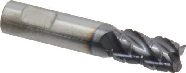ProMax - 3/8" Diam, 5/8" LOC, 4 Flute Solid Carbide Roughing & Finishing Corner Radius End Mill - AlTiN Finish, 2" OAL, 3/8" Shank Diam, Weldon Shank, 40° Helix, Centercutting, Stub Length - USA Tool & Supply