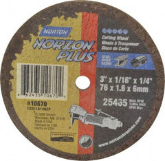 Norton - 3" Ceramic Cutoff Wheel - 1/16" Thick, 1/4" Arbor, 25,465 Max RPM, Use with Die Grinders - USA Tool & Supply