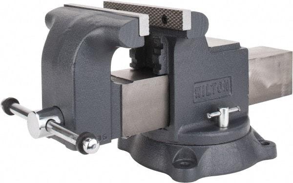 Wilton - 8" Jaw Width x 8" Jaw Opening Capacity, 4" Throat Depth, Bench & Pipe Combination Vise - 3/4 to 3" Pipe Capacity, Swivel Base, Bolt Down Attachment, Ductile Iron - USA Tool & Supply