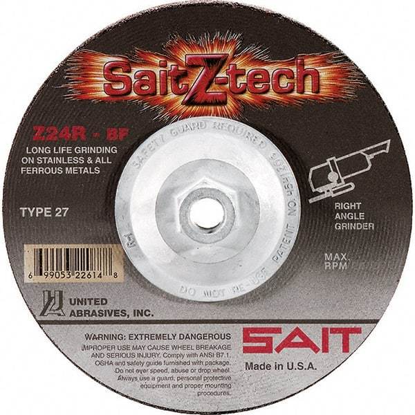 Sait - 24 Grit, 7" Wheel Diam, 1/4" Wheel Thickness, Type 27 Depressed Center Wheel - Zirconia Alumina, Resinoid Bond, R Hardness, 8,500 Max RPM, Compatible with Angle Grinder - USA Tool & Supply