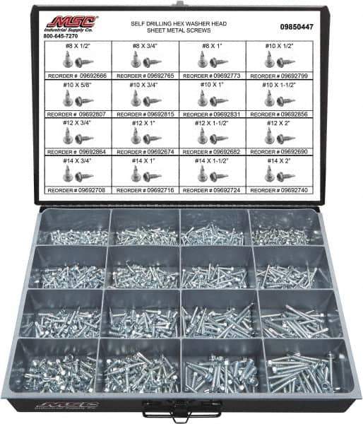 Value Collection - 1,025 Piece, #8x3/4 to 1/4x2, Steel Sheet Metal Screw Assortment - Hex Washer Head, Hex Drive, 1/2 to 2" Long, Zinc-Plated Finish - USA Tool & Supply