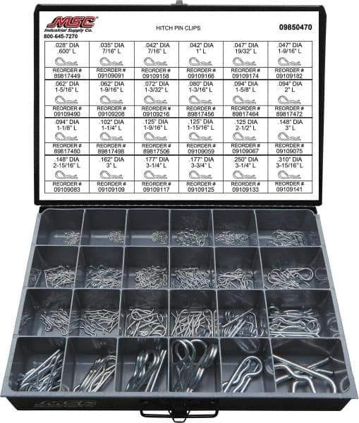 Value Collection - 359 Piece, 1/8 to 1" Pin Diam, Hitch Pin Assortment - 1/16 to 7/8" Long, Spring Wire, Zinc Plated - USA Tool & Supply