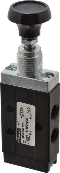 Parker - 0.20 CV Rate, 1/8" NPT Inlet Direct Air 2 Mechanical Spool Valve - 3 Way, 2 Position, Manual Return, Button Push Pull, 150 Max psi - USA Tool & Supply