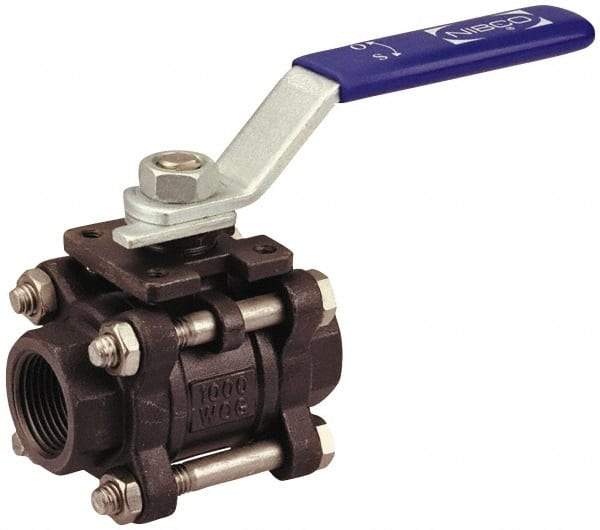 NIBCO - 3/4" Pipe, Full Port, Carbon Steel Standard Ball Valve - 3 Piece, Inline - One Way Flow, FNPT x FNPT Ends, Locking Lever Handle, 1,000 WOG - USA Tool & Supply