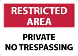 NMC - "Restricted Area - Private No Trespassing", 10" Long x 14" Wide, Aluminum Safety Sign - Rectangle, 0.04" Thick, Use for Security & Admittance - USA Tool & Supply