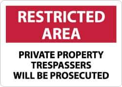 NMC - "Restricted Area - Private Property - Trespassers Will Be Prosecuted", 10" Long x 14" Wide, Rigid Plastic Safety Sign - Rectangle, 0.05" Thick, Use for Security & Admittance - USA Tool & Supply