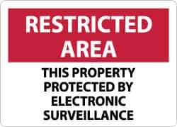 NMC - "Restricted Area - This Property Protected by Electronic Surveillance", 10" Long x 14" Wide, Aluminum Safety Sign - Rectangle, 0.04" Thick, Use for Security & Admittance - USA Tool & Supply