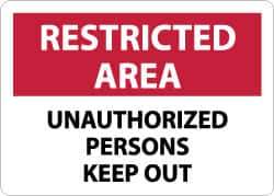 NMC - "Restricted Area - Unauthorized Persons Keep Out", 10" Long x 14" Wide, Aluminum Safety Sign - Rectangle, 0.04" Thick, Use for Security & Admittance - USA Tool & Supply