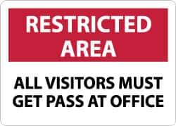 NMC - "Restricted Area - All Visitors Must Get Pass at Office", 10" Long x 14" Wide, Rigid Plastic Safety Sign - Rectangle, 0.05" Thick, Use for Security & Admittance - USA Tool & Supply