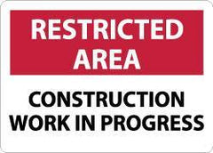 NMC - "Restricted Area - Construction Work in Progress", 10" Long x 14" Wide, Rigid Plastic Safety Sign - Rectangle, 0.05" Thick, Use for Security & Admittance - USA Tool & Supply