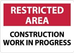 NMC - "Restricted Area - Construction Work in Progress", 10" Long x 14" Wide, Aluminum Safety Sign - Rectangle, 0.04" Thick, Use for Security & Admittance - USA Tool & Supply