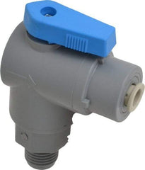 Specialty Mfr - 1/4" Pipe, PVC Standard Ball Valve - Right Angle, MNPT x Push-to-Connect Ends, Wedge Handle, 125 WOG - USA Tool & Supply