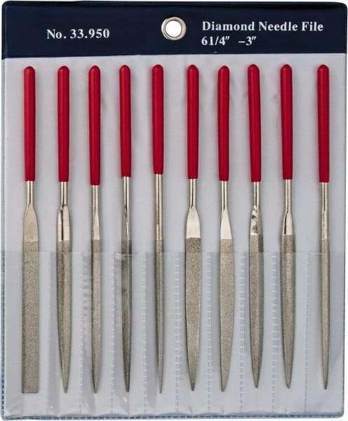 Grobet - 10 Piece Diamond Pattern File Set - 6-1/4" Long, Medium Coarseness, Set Includes Flat, Round, Square, Three Square - USA Tool & Supply