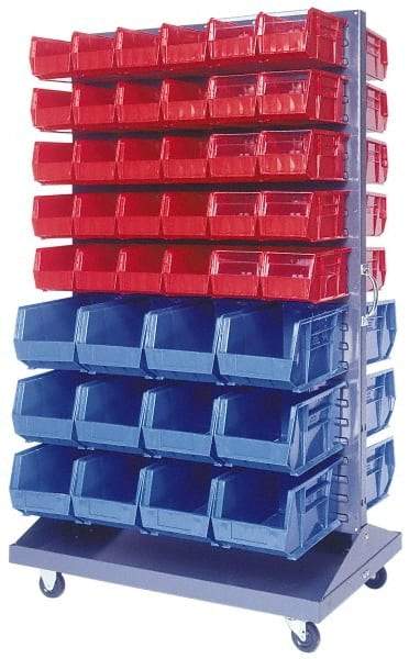 Quantum Storage - 500 Lb Capacity, 25" Deep x 36" Wide x 64" High, Steel Mobile Rack - 2 Sides, 48 Black Polyethylene/Polypropylene Bins - USA Tool & Supply