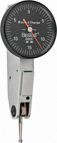 TESA Brown & Sharpe - 0.03 Inch Range, 0.0005 Inch Dial Graduation, Horizontal Dial Test Indicator - 1 Inch Black Dial, 0-15-0 Dial Reading - USA Tool & Supply