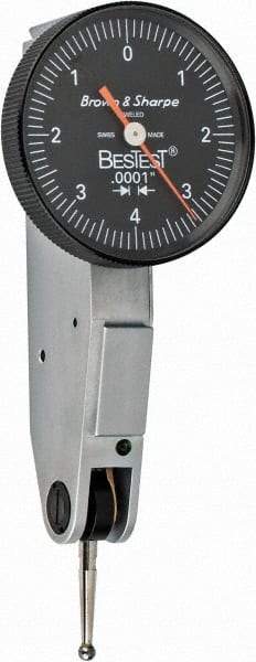 TESA Brown & Sharpe - 0.008 Inch Range, 0.0001 Inch Dial Graduation, Horizontal Dial Test Indicator - 1 Inch Black Dial, 0-4-0 Dial Reading - USA Tool & Supply