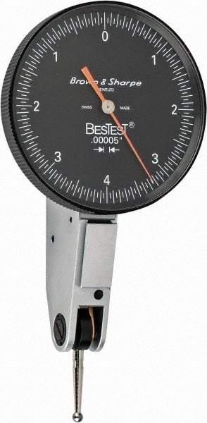 TESA Brown & Sharpe - 0.008 Inch Range, 0 Inch Dial Graduation, Horizontal Dial Test Indicator - 1-1/2 Inch Black Dial, 0-4-0 Dial Reading - USA Tool & Supply