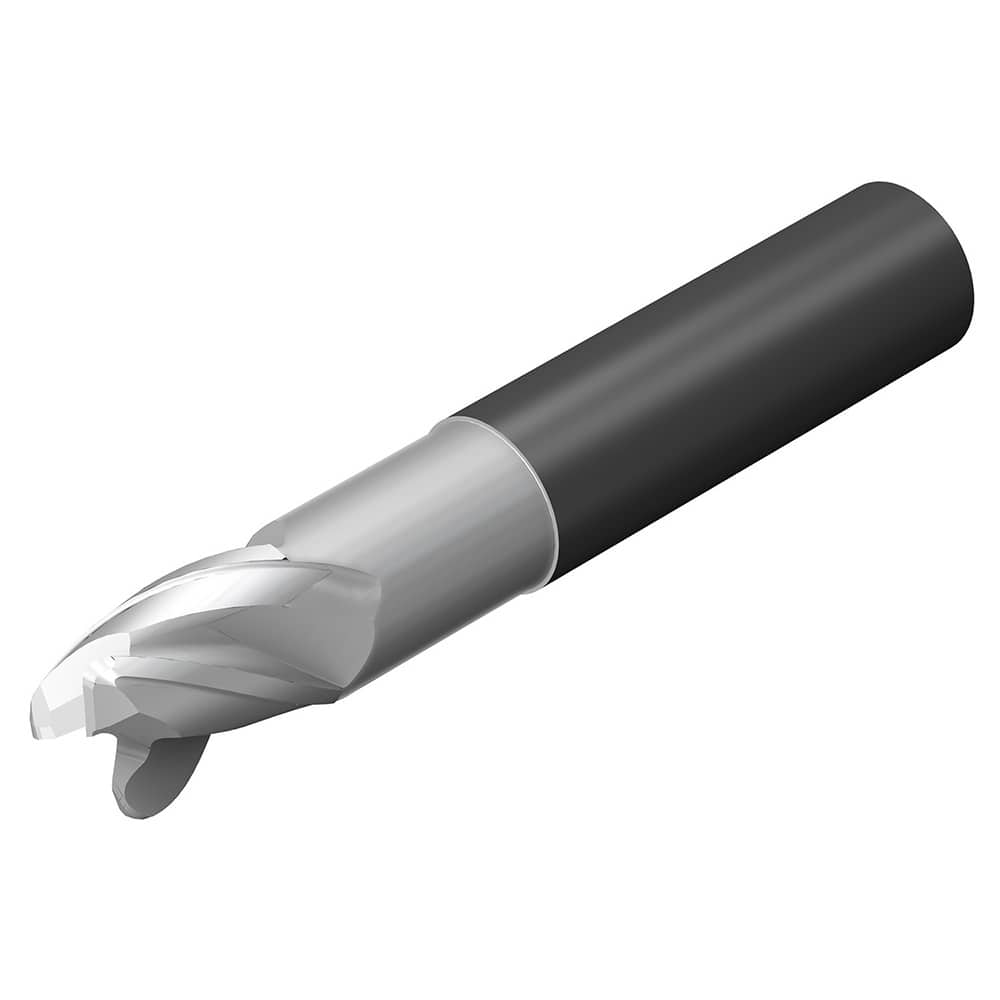 Corner Radius End Mill: 1/4″ Dia, 3/8″ LOC, 0.015″ Radius, 3 Flutes, Solid Carbide 3″ OAL, 1/4″ Shank Dia, 35 ° Helix, Bright/Uncoated, Corner Radius End, Centercutting, Series CoroMill Dura