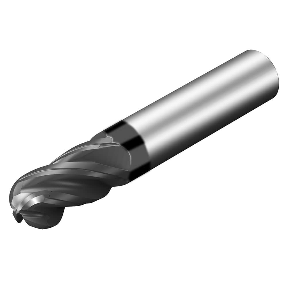 Ball End Mill: 0.375″ Dia, 1.25″ LOC, 4 Flute, Solid Carbide 3″ OAL, 3/8″ Shank Dia, 36.5 ° Helix, AlTiN Coated, Single End, Series CoroMill Dura
