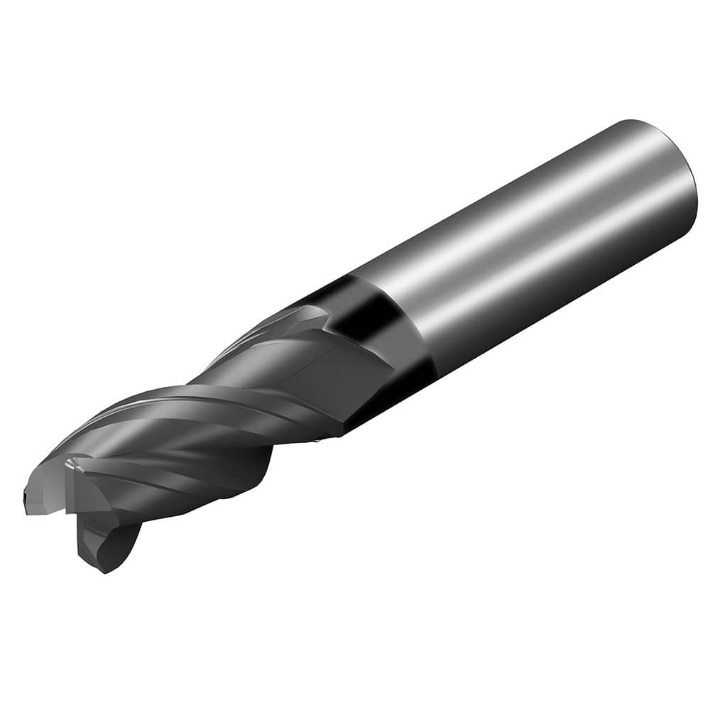 Square End Mill: 3/8'' Dia, 1/2'' LOC, 3/8'' Shank Dia, 2'' OAL, 3 Flutes, Solid Carbide Single End, AlTiN Finish, 38 ° Variable Helix, Centercutting, RH Cut, RH Flute, Series CoroMill Dura