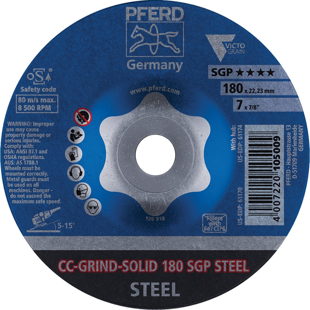 PFERD - Depressed-Center Wheels; Hole Size (Inch): 7/8 ; Connector Type: Arbor ; Wheel Type Number: Type 1 ; Abrasive Material: Steel ; Maximum RPM: 8500.000 ; Tool Compatibility: Angle Grinders - Exact Industrial Supply