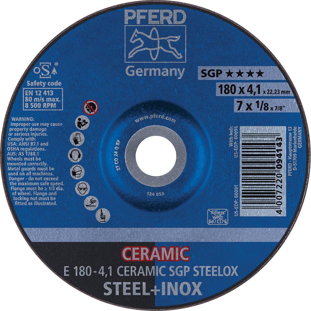 PFERD - Depressed-Center Wheels; Hole Size (Inch): 7/8 ; Connector Type: Arbor ; Wheel Type Number: Type 27 ; Abrasive Material: Ceramic Oxide ; Maximum RPM: 8500.000 ; Grit: 24 - Exact Industrial Supply