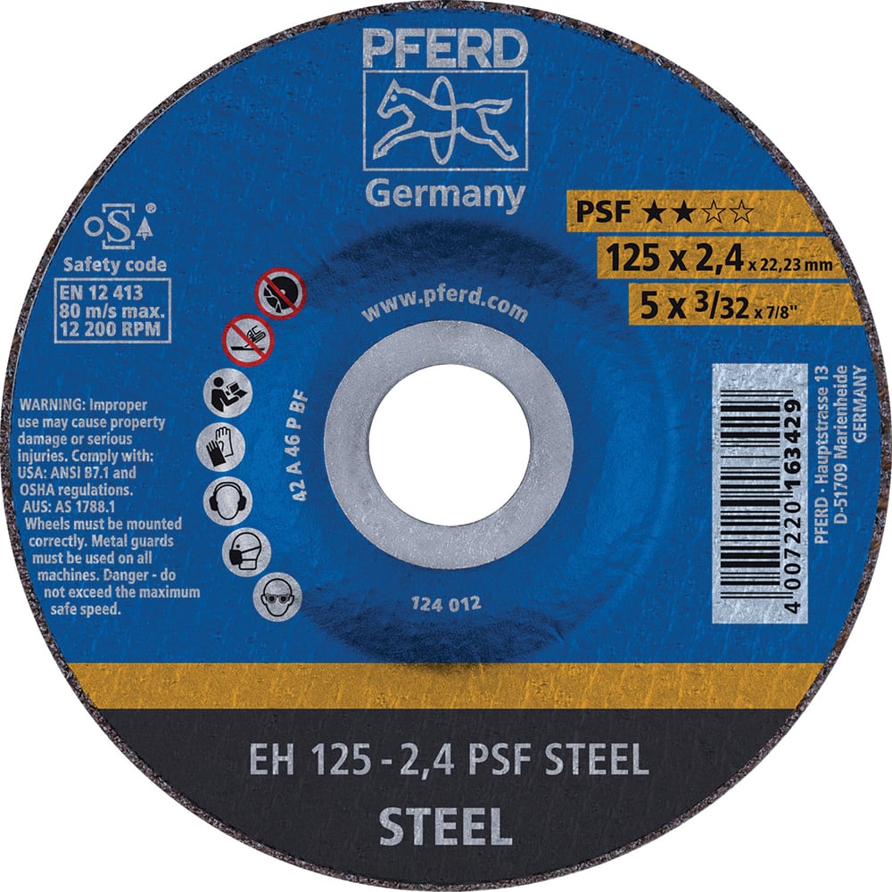 PFERD - Depressed-Center Wheels; Hole Size (Inch): 7/8 ; Connector Type: Arbor ; Wheel Type Number: Type 27 ; Abrasive Material: Aluminum Oxide ; Maximum RPM: 12200.000 ; Grit: 46 - Exact Industrial Supply