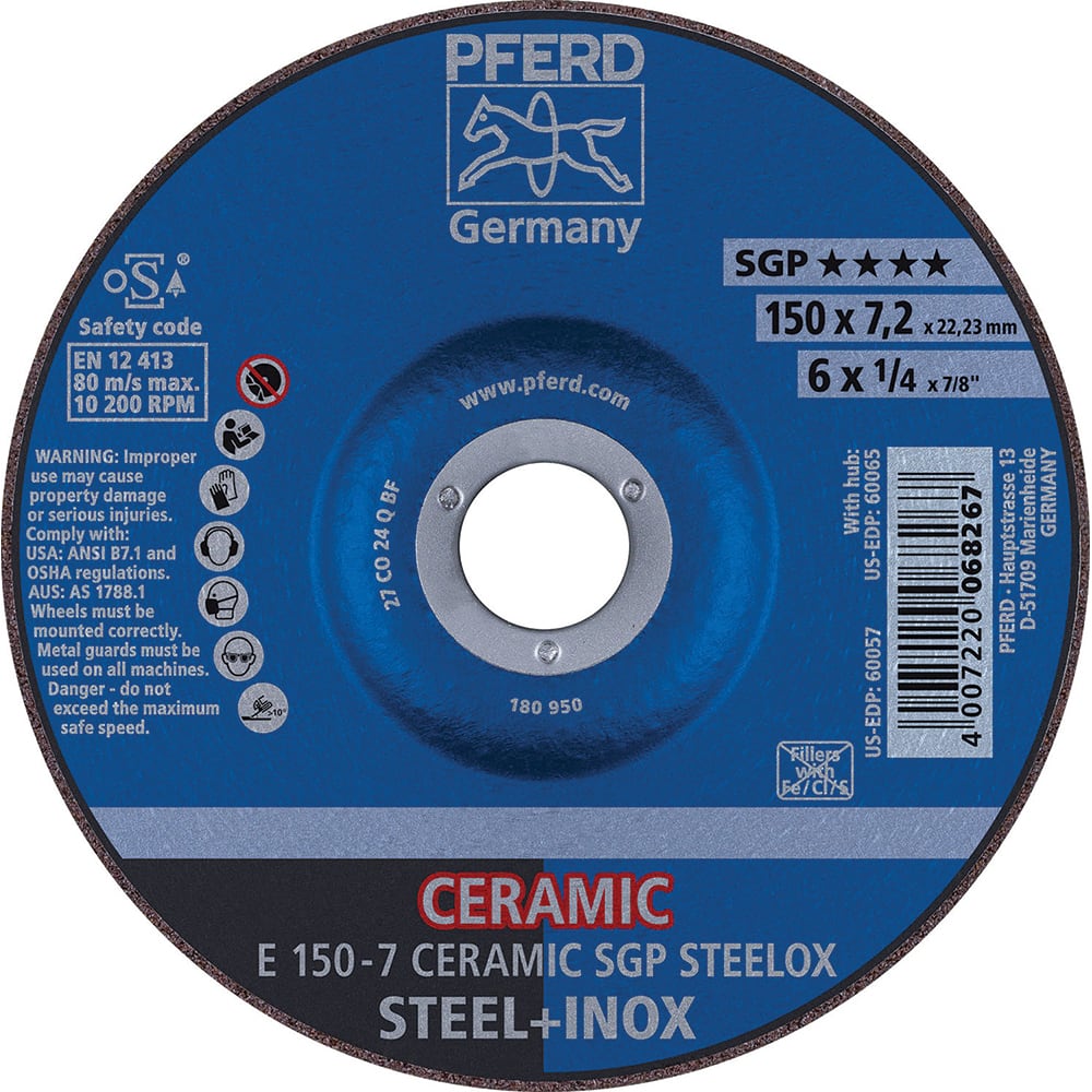 PFERD - Depressed-Center Wheels; Hole Size (Inch): 7/8 ; Connector Type: Arbor ; Wheel Type Number: Type 27 ; Abrasive Material: Ceramic Oxide ; Maximum RPM: 10200.000 ; Grit: 24 - Exact Industrial Supply