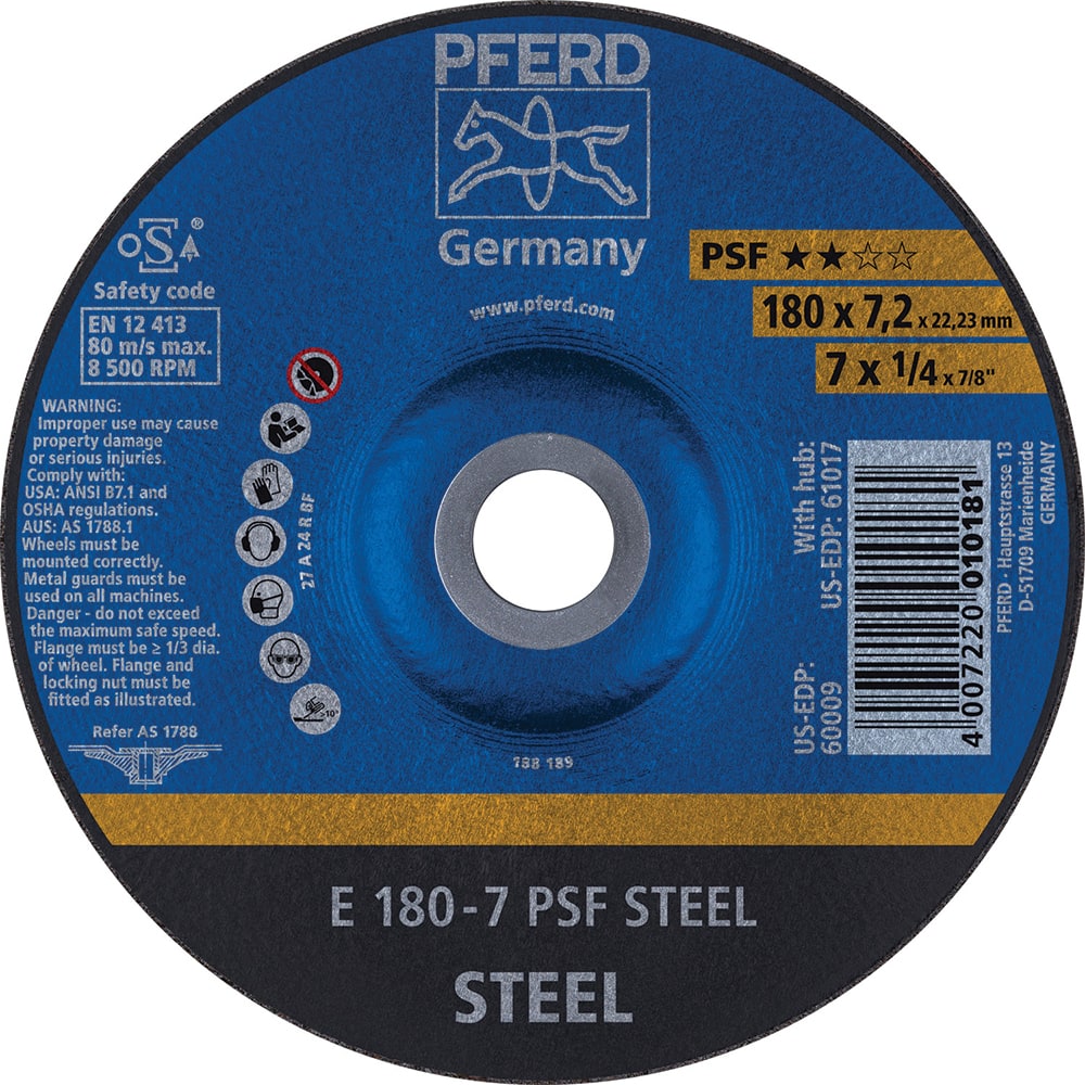 PFERD - Depressed-Center Wheels; Hole Size (Inch): 7/8 ; Connector Type: Arbor ; Wheel Type Number: Type 27 ; Abrasive Material: Aluminum Oxide ; Maximum RPM: 8500.000 ; Grit: 24 - Exact Industrial Supply