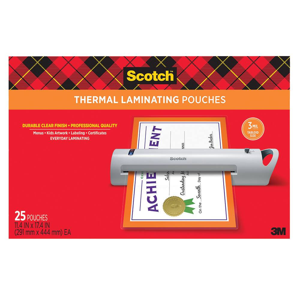 3M - Laminate; Thickness (mil): 3.0000 ; Width (Inch): 11 ; Length (Feet): 17 ; Description: These are 3 mil thick thermal laminating pouches for use with thermal laminators. It is a menu size pouch in a 25 pack for retail accounts. - Exact Industrial Supply