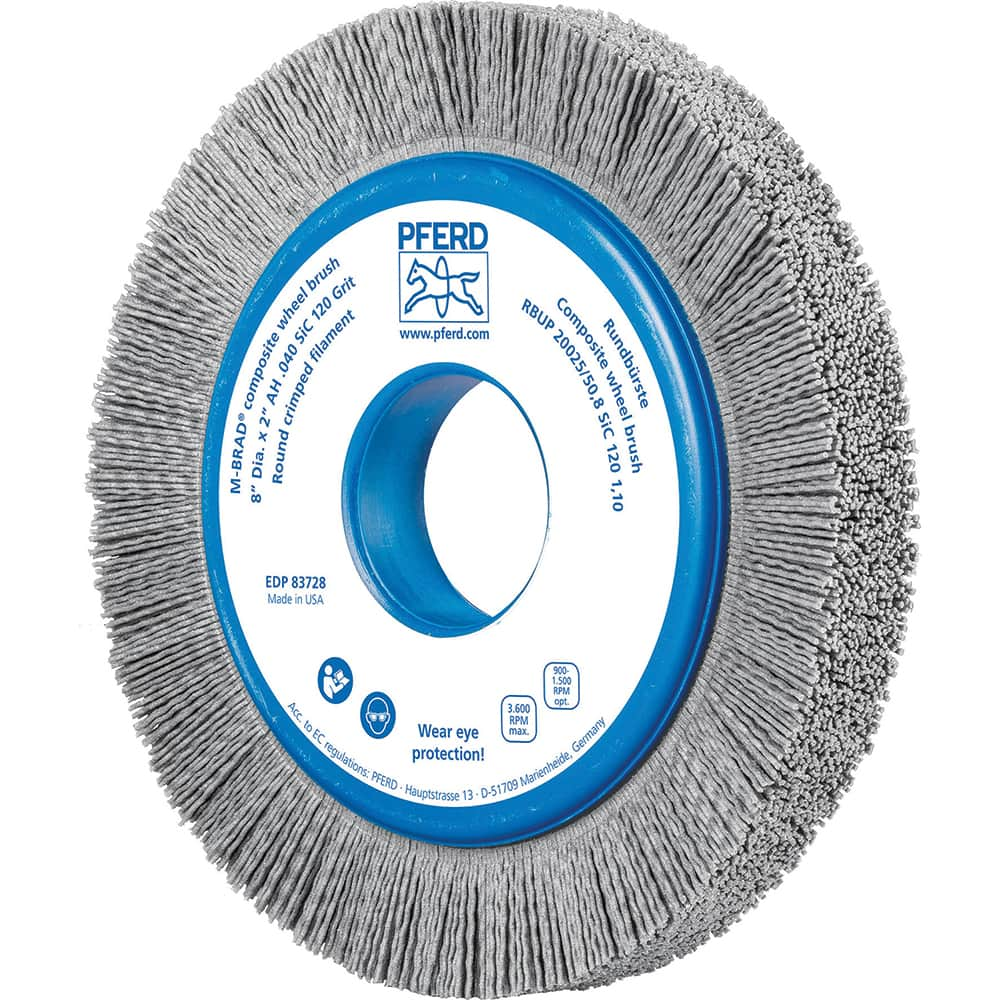 PFERD - Wheel Brushes; Outside Diameter (Inch): 8 ; Wire Type: Crimped; Round ; Fill Material: Nylon; Silicon Carbide ; Trim Length (Inch): 1-1/4 ; Filament Wire Diameter Range: 0.0300 & Above ; Maximum RPM: 3600.000 - Exact Industrial Supply