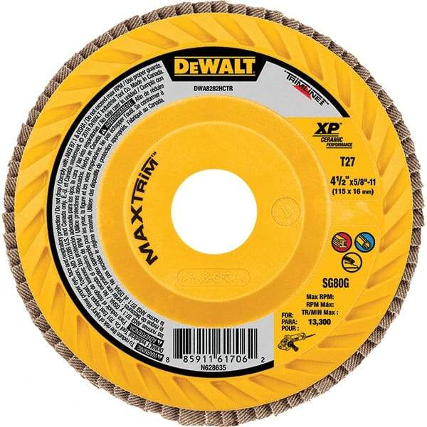 DeWALT - 40 Grit, 4-1/2" Disc Diam, Type 27 Ceramic Flap Disc - 13,300 Max RPM, Poly Cotton Backing, Arbor Attaching System, Coated - USA Tool & Supply