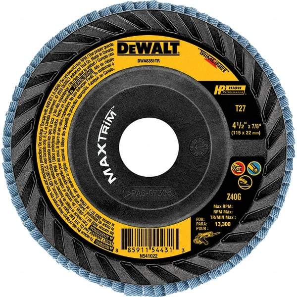 DeWALT - 40 Grit, 4-1/2" Disc Diam, Type 27 Zirconia Alumina Flap Disc - 13,300 Max RPM, Poly Cotton Backing, Arbor Attaching System, Coated - USA Tool & Supply