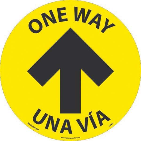 Adhesive Backed Floor Signs; Message Type: COVID-19; Graphic Type: Arrow; Message or Graphic: Message & Graphic; Legend: One Way Una Via; Color: Yellow; Black; Special Color Properties: No Special Properties; Material: Vinyl; Shape: Circle; Oval; Language