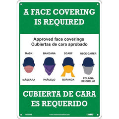 Sign: Rectangle & Square, ″A Face Covering Is Required Approved Face Coverings Mask Bandana Scarf Neck Gaiter Cubiertas De Cara Aprobado Mascara Panuelo Bufanda Polaina De Cuello Cubierta De Cara Es Requerido″ Aluminum, 14″ High