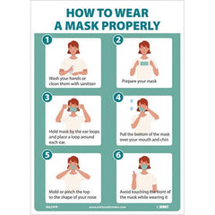 Sign: Rectangle & Square, ″How To Wear A Mask Properly 1 Wash Your Hands Or Clean Them With Sanitizer 2 Prepare Your Mask 3 Hold Mask By The Ear Loops And Place A Loop Around Each Ear 4 Pull The Bottom Of The Mask Over Your Mouth And Chin 5 Mold Or Pinch