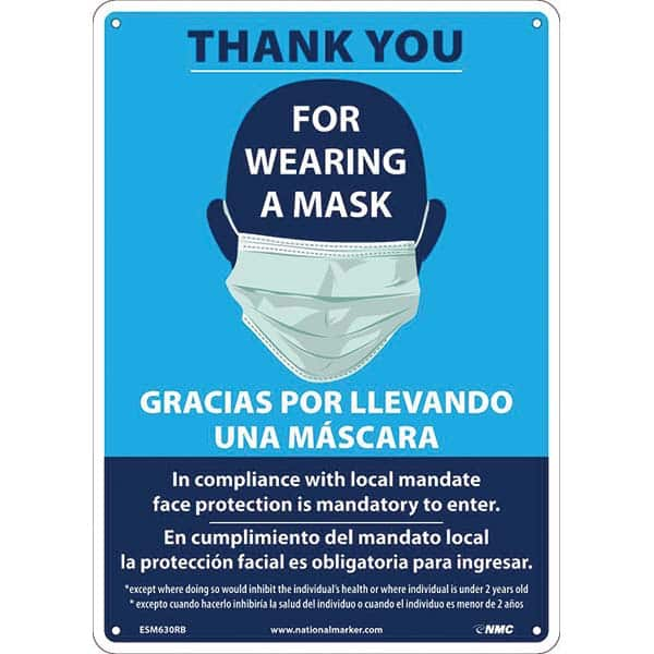 Sign: Rectangle & Square, ″Thank You For Wearing A Mask In Compliance With Local Mandate Face Protection Is Mandatory To Enter. *Except Where Doing So Would Inhibit The Individual'S Health Or Where Individual Is Under 2 Years Old. Gracias Por Llevando Una