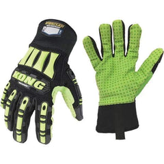 ironCLAD - Size L (9), ANSI Cut Lvl A1, Abrasion Lvl 5, Cut Resistant Gloves - 11" Long, Uncoated, Polyester Lining, Slip-On Cuff, Black/Green, Paired - USA Tool & Supply