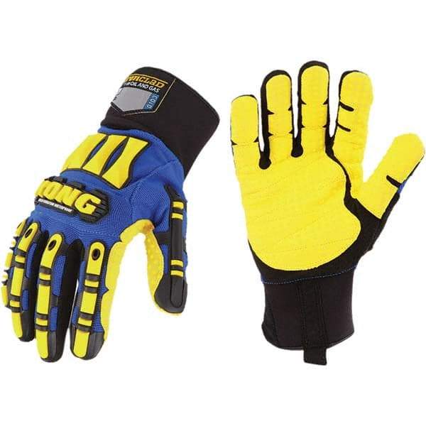 ironCLAD - Size L (9), ANSI Cut Lvl A1, Abrasion Lvl 5, Cut Resistant Gloves - 11" Long, Uncoated, Polyester Lining, Slip-On Cuff, Blue/Yellow, Paired - USA Tool & Supply