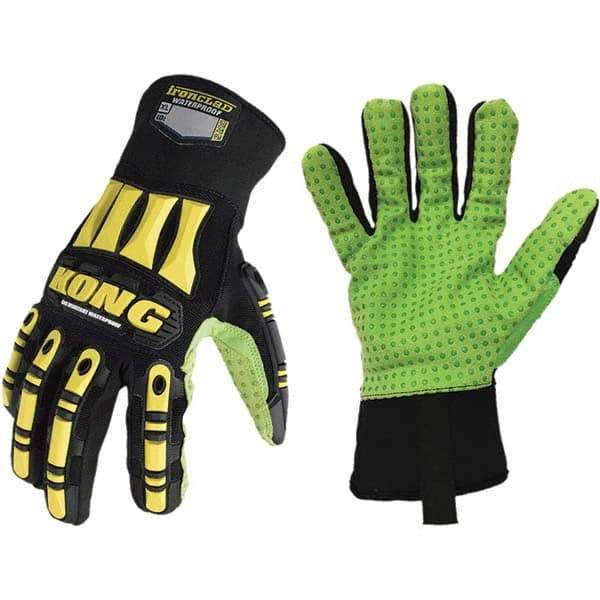 ironCLAD - Size S (7), ANSI Cut Lvl A5, Abrasion Lvl 5, Cut Resistant Gloves - 11" Long, Uncoated, Polyester Lining, Slip-On Cuff, Black/Green, Paired - USA Tool & Supply