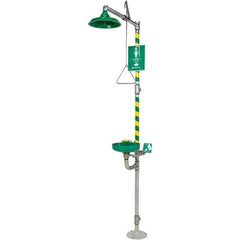 Haws - 23.7 GPM shower Flow, Drench shower, Eye & Face Wash Station - Bowl with Hinged Dust Cover, Triangular Pull Rod & Push Flag Activated, Galvanized Steel Pipe, Plastic Shower Head, Inverted Flow - USA Tool & Supply